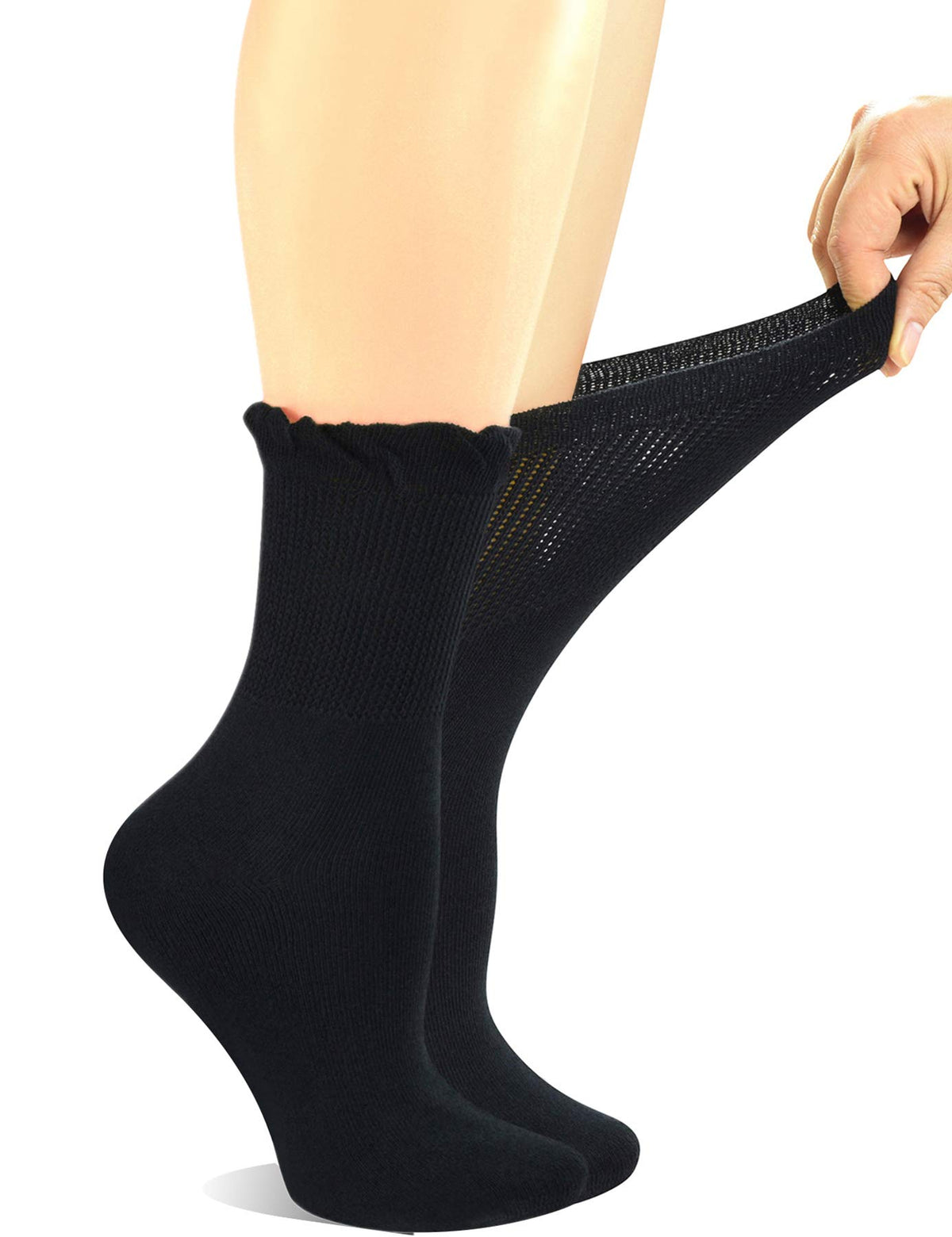Yomandamor lace-top diabetic sock shows comfortable stay-up and non-binding fit.