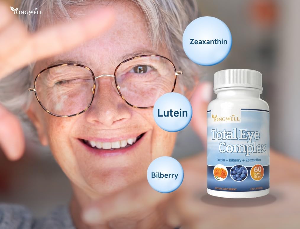 YongWell Total Eye Complex capsules close-up with lutein emphasizes eye health support.