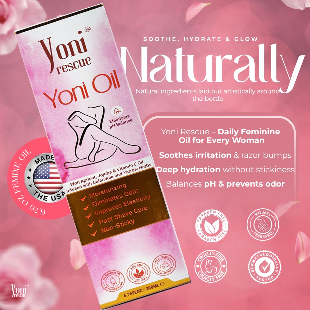 Yoni Rescue oil application steps demonstrated for after-shaving comfort.