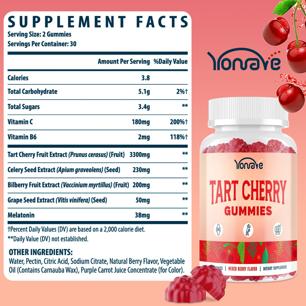 Yonrave label closeup showing tart cherry extract and vitamin C