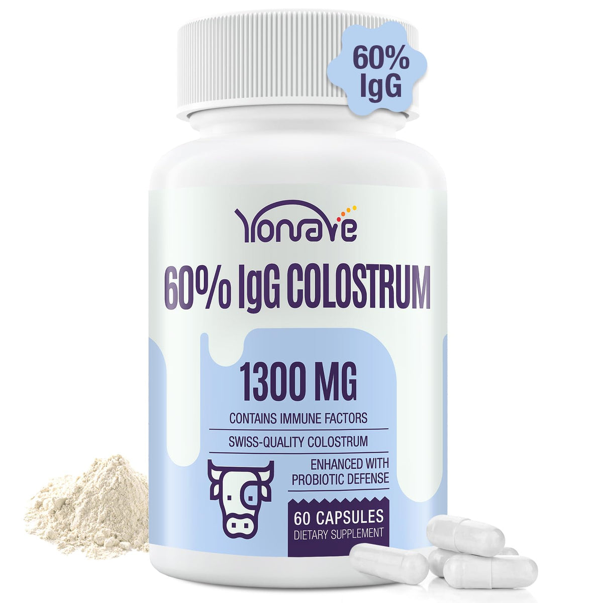 Yonrave bottle closeup shows premium IgG content for immune support
