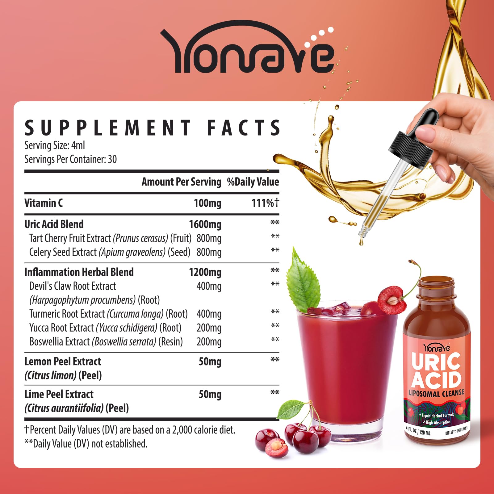 Yonrave liposomal uric acid drops label close-up highlighting natural botanicals.