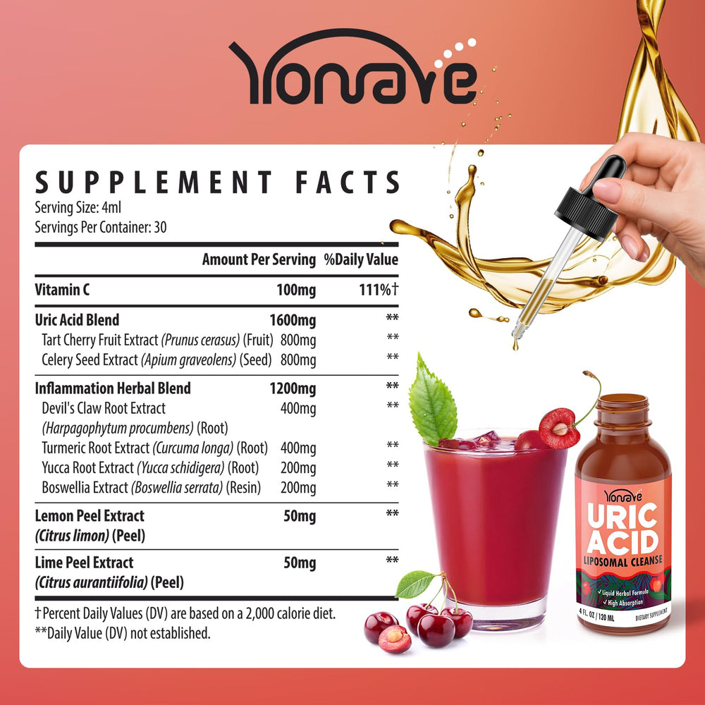 Yonrave liposomal uric acid drops label close-up highlighting natural botanicals.