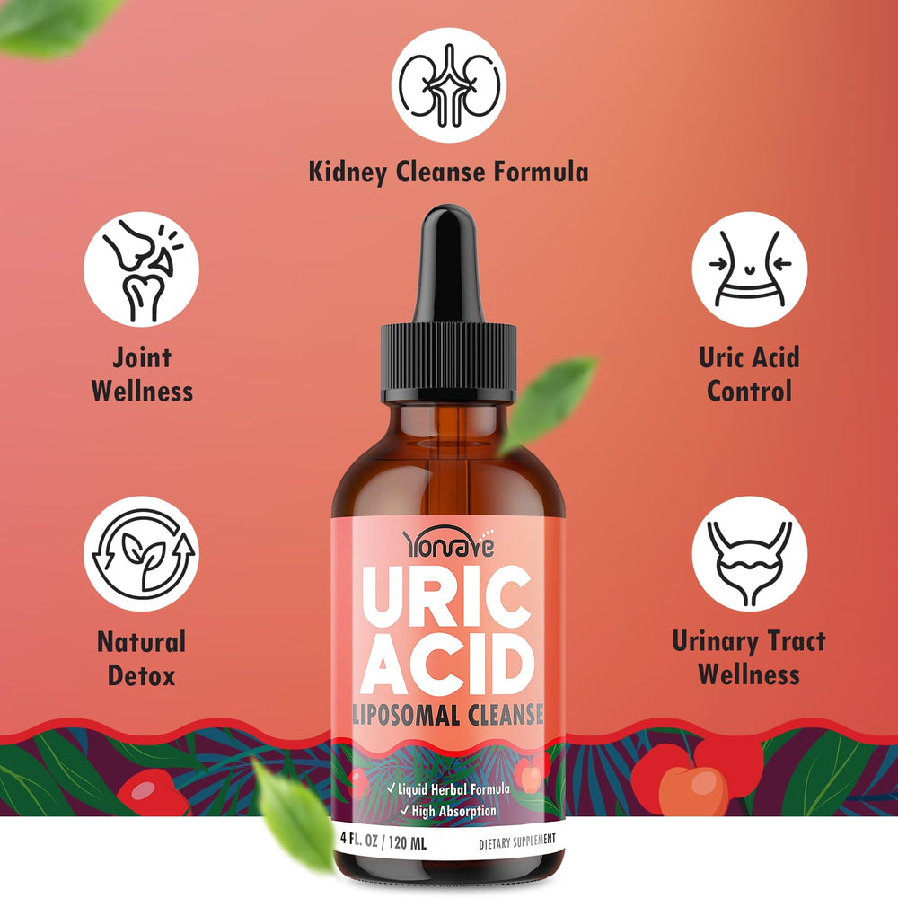 Yonrave liposomal uric acid drops liquid visual showing vibrant flavor.
