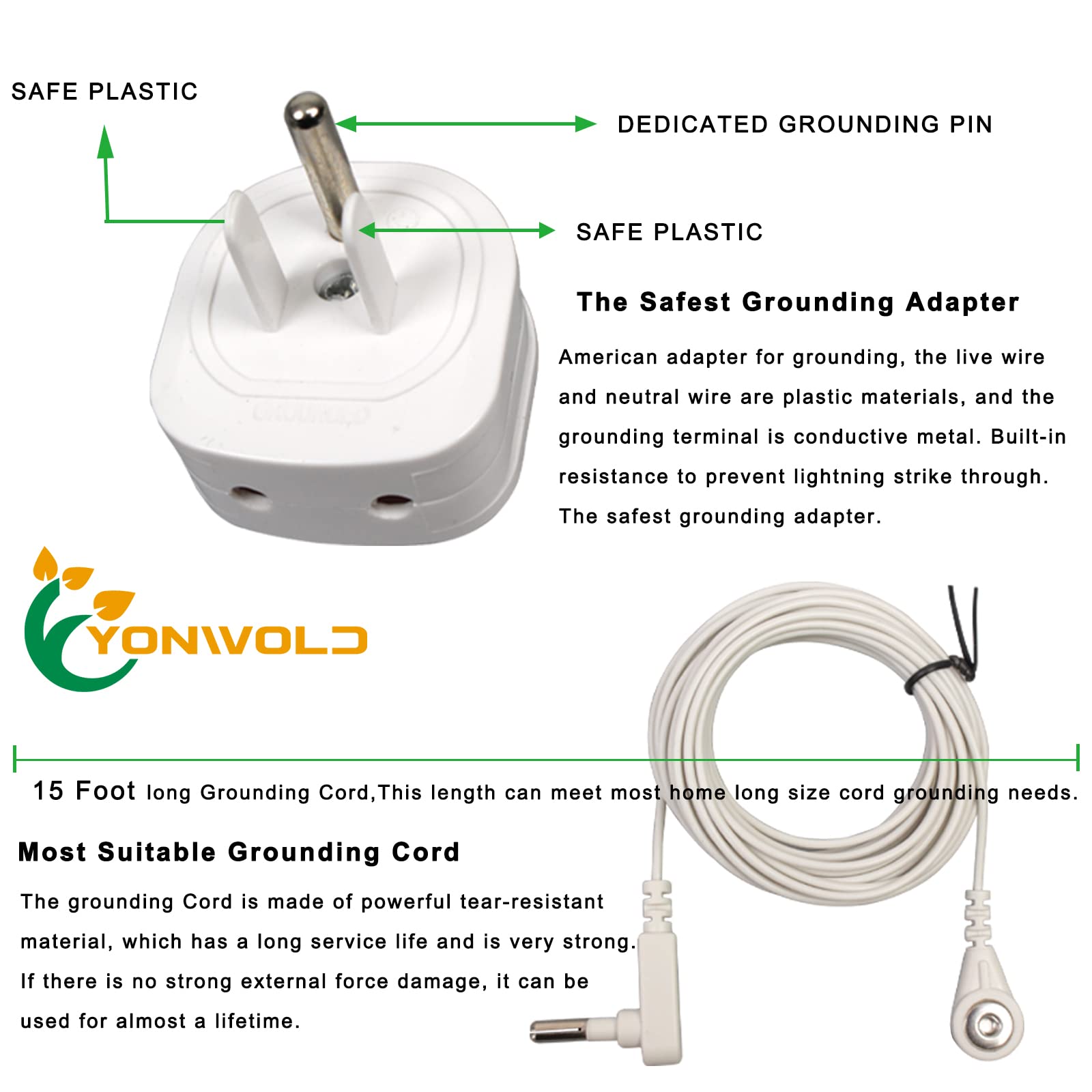 Yonwold 15 ft grounding cord extending reach for home use.