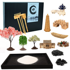 Yoquare Mini Zen Garden accessories close-up highlights cherry tree and bridge.