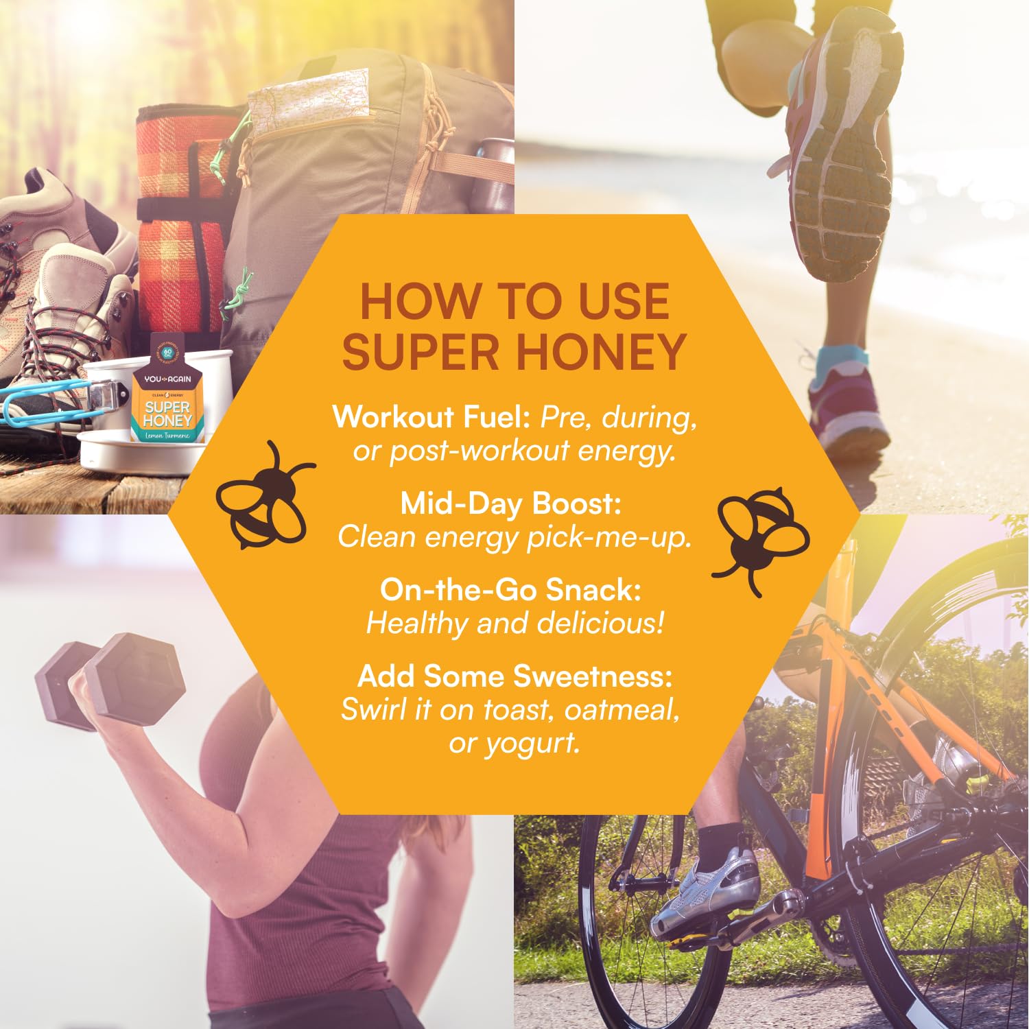 You Again Super Honey close-up shows raw honey and natural nutrients.