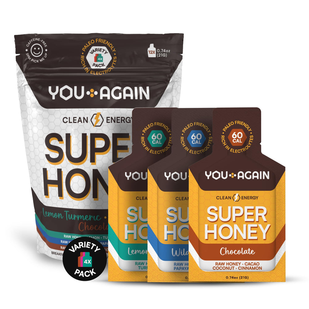 You Again Super Honey packets packaging for on-the-go clean energy.