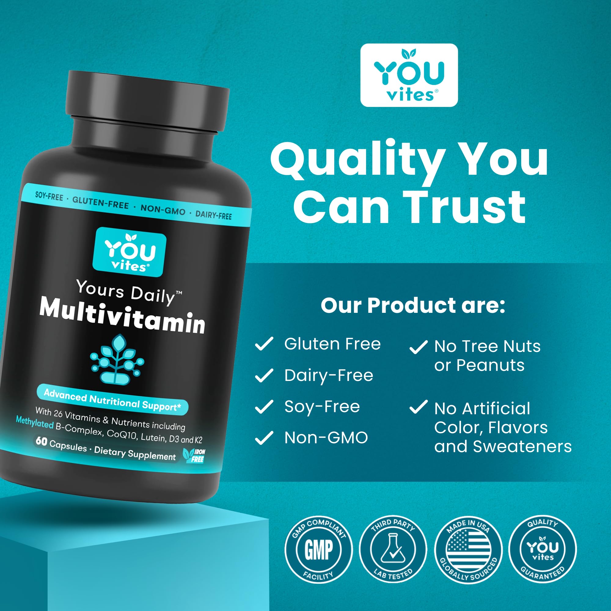 You Vites iron-free multivitamin packaging beside healthy foods.