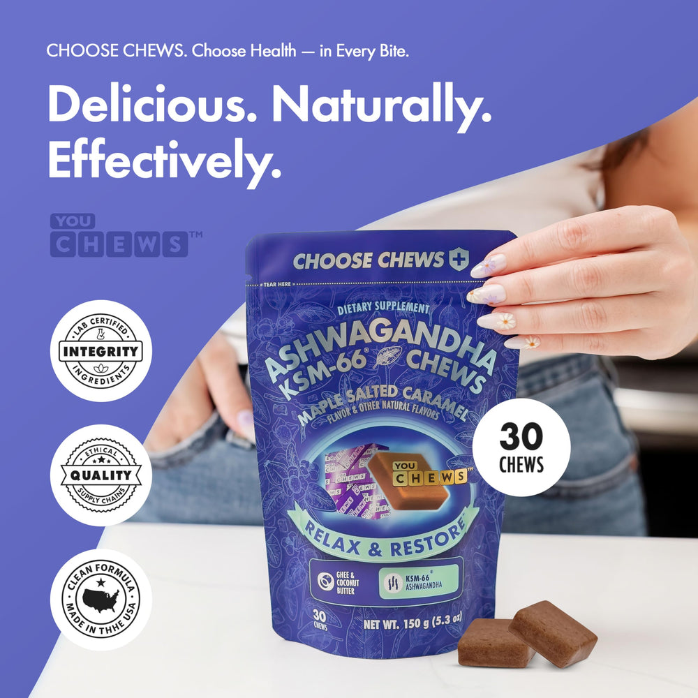 YouChews Ashwagandha KSM-66 bag opening with premium packaging