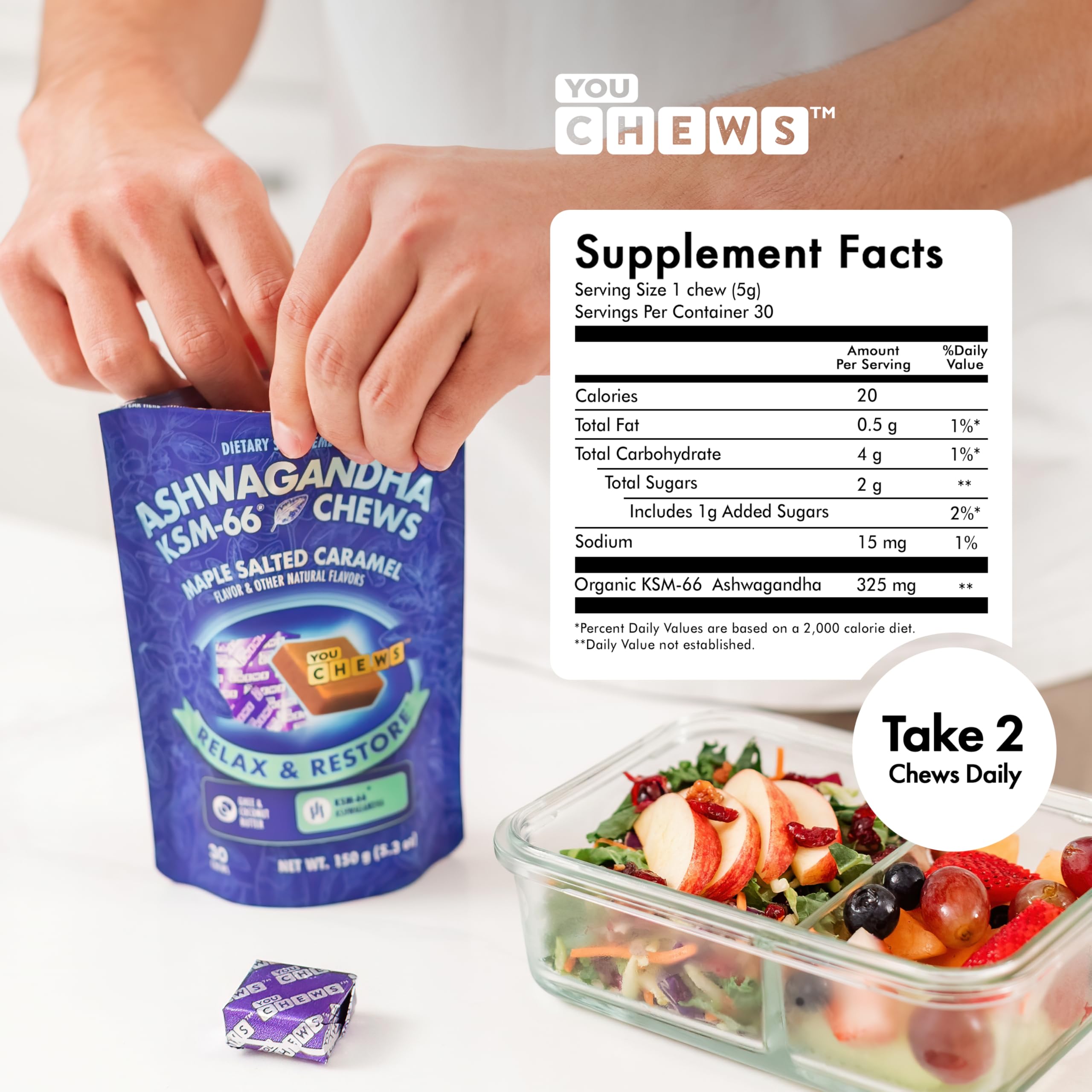 YouChews Ashwagandha KSM-66 ingredients close-up showing organic root extract