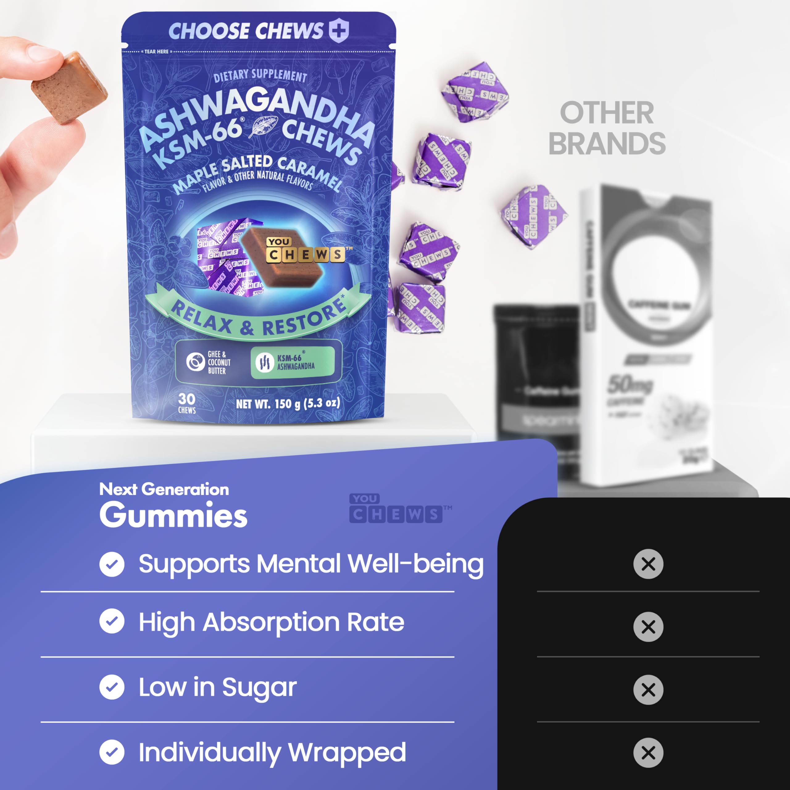 YouChews Ashwagandha KSM-66 maple salted caramel flavor close-up