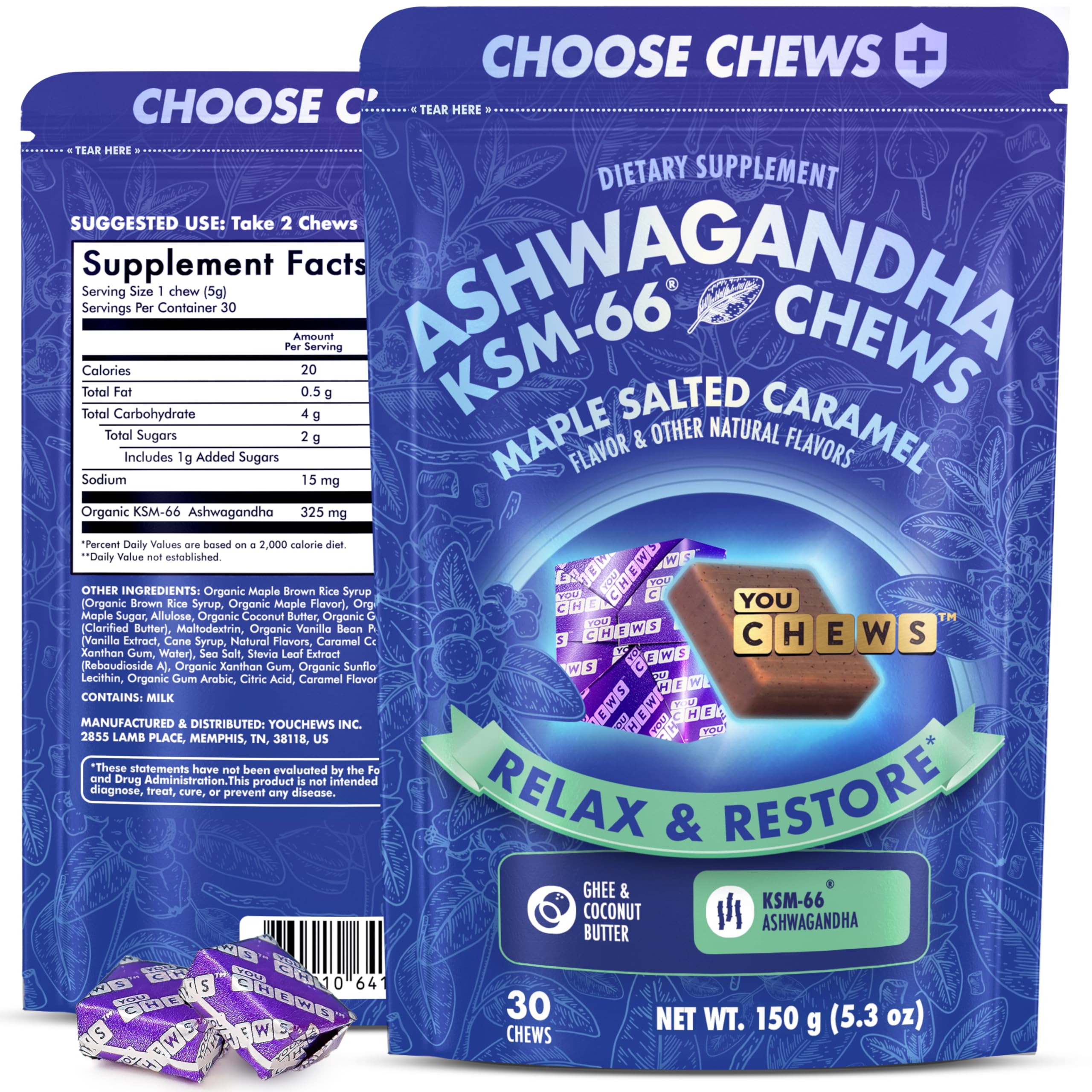 YouChews Ashwagandha KSM-66 chews pack in a portable pouch