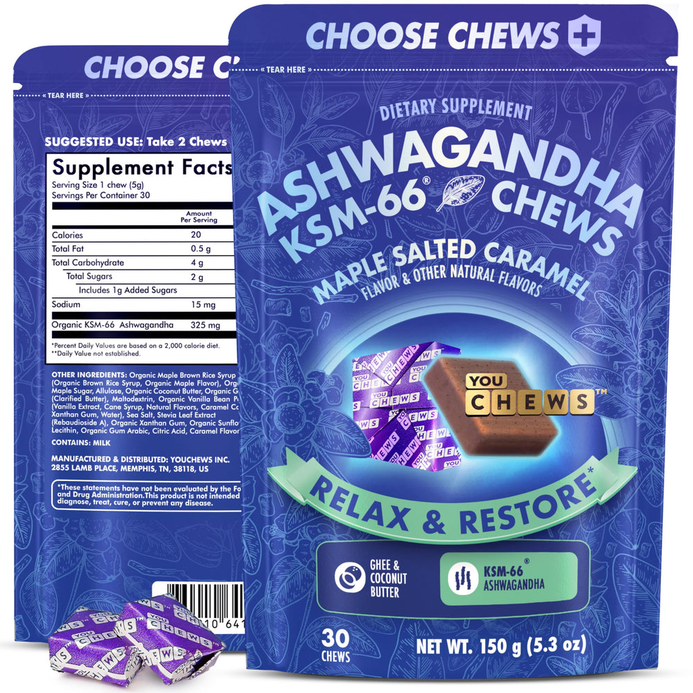 YouChews Ashwagandha KSM-66 chews pack in a portable pouch