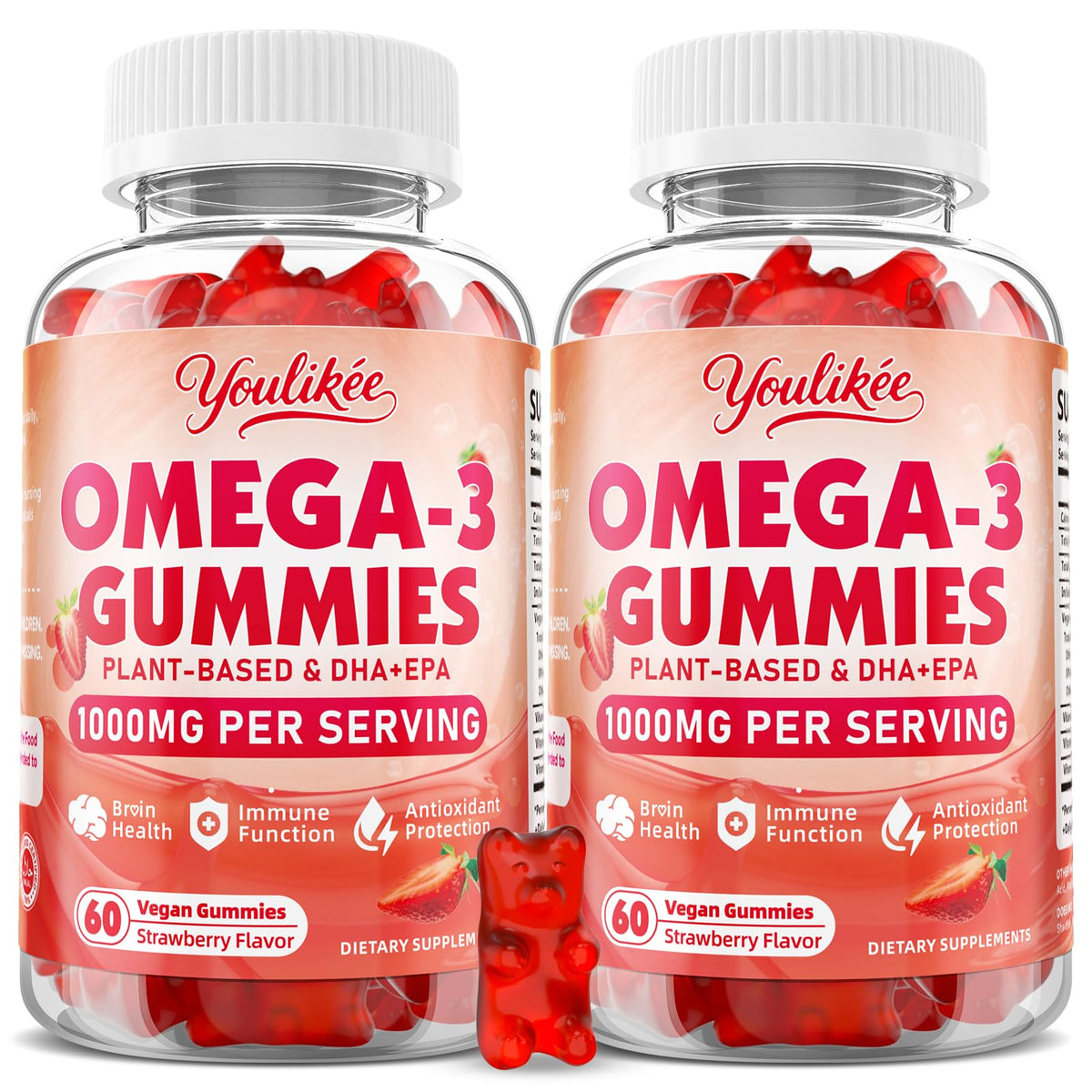 Youlikee vegan omega-3 gummies bottle with strawberry flavor for convenient daily intake.
