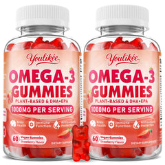 Youlikee vegan omega-3 gummies bottle with strawberry flavor for convenient daily intake.