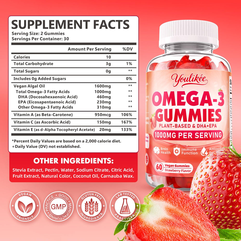 Youlikee vegan omega-3 gummies close-up highlights chewy texture for a tasty daily routine.