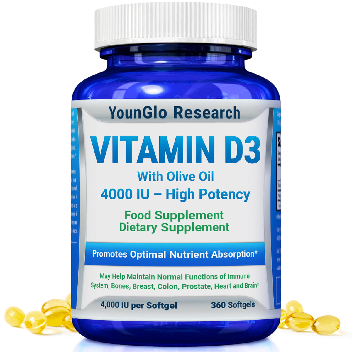 YounGlo Research Vitamin D3 4000 IU bottle front highlighting branding for potential immune support.