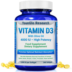 YounGlo Research Vitamin D3 4000 IU bottle front highlighting branding for potential immune support.