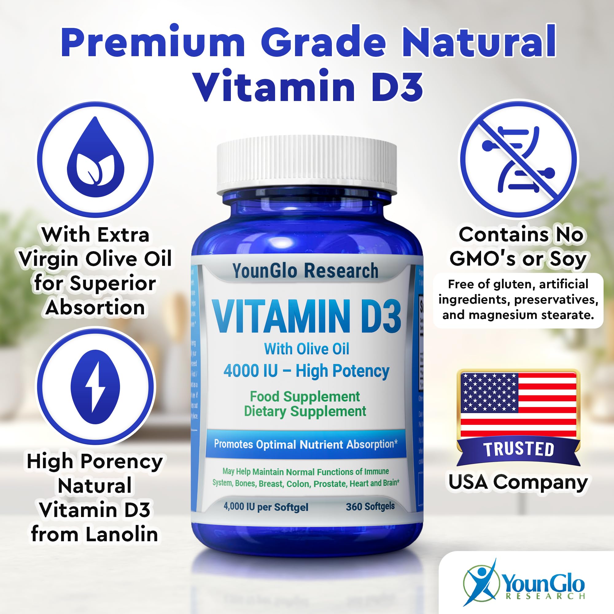 Tilted YounGlo Research Vitamin D3 bottle with softgels indicating year-long supply.