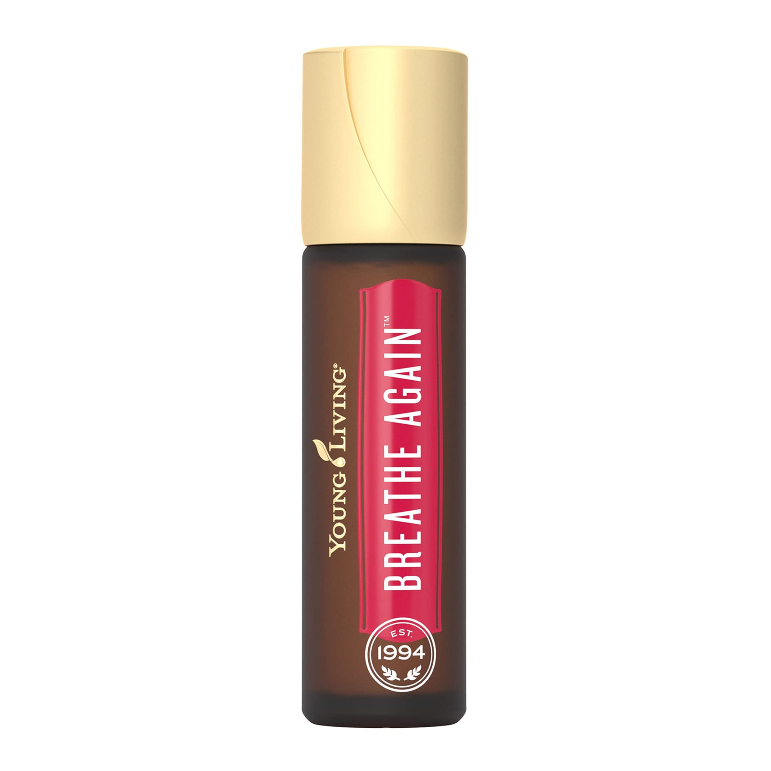Young Living Breathe Again roll-on bottle with 10 ml size for easy, on-the-go aroma relief.
