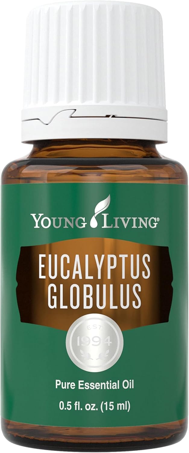 Young Living Eucalyptus Globulus essential oil bottle with dropper for refreshing diffuser aromatherapy.