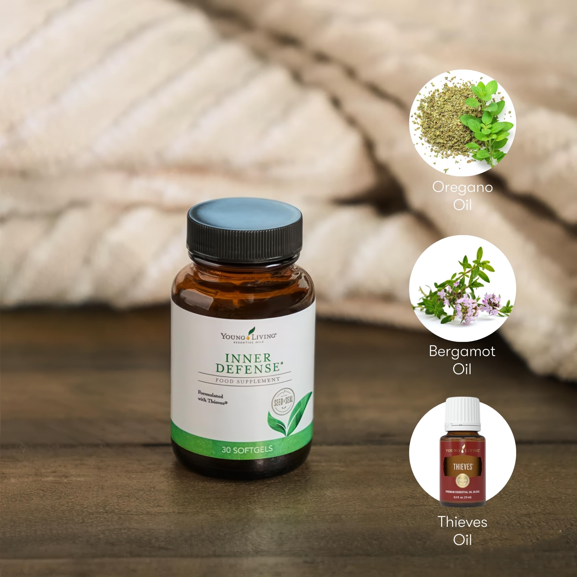 Young Living Inner Defense bottle with packaging emphasizing purity and potency