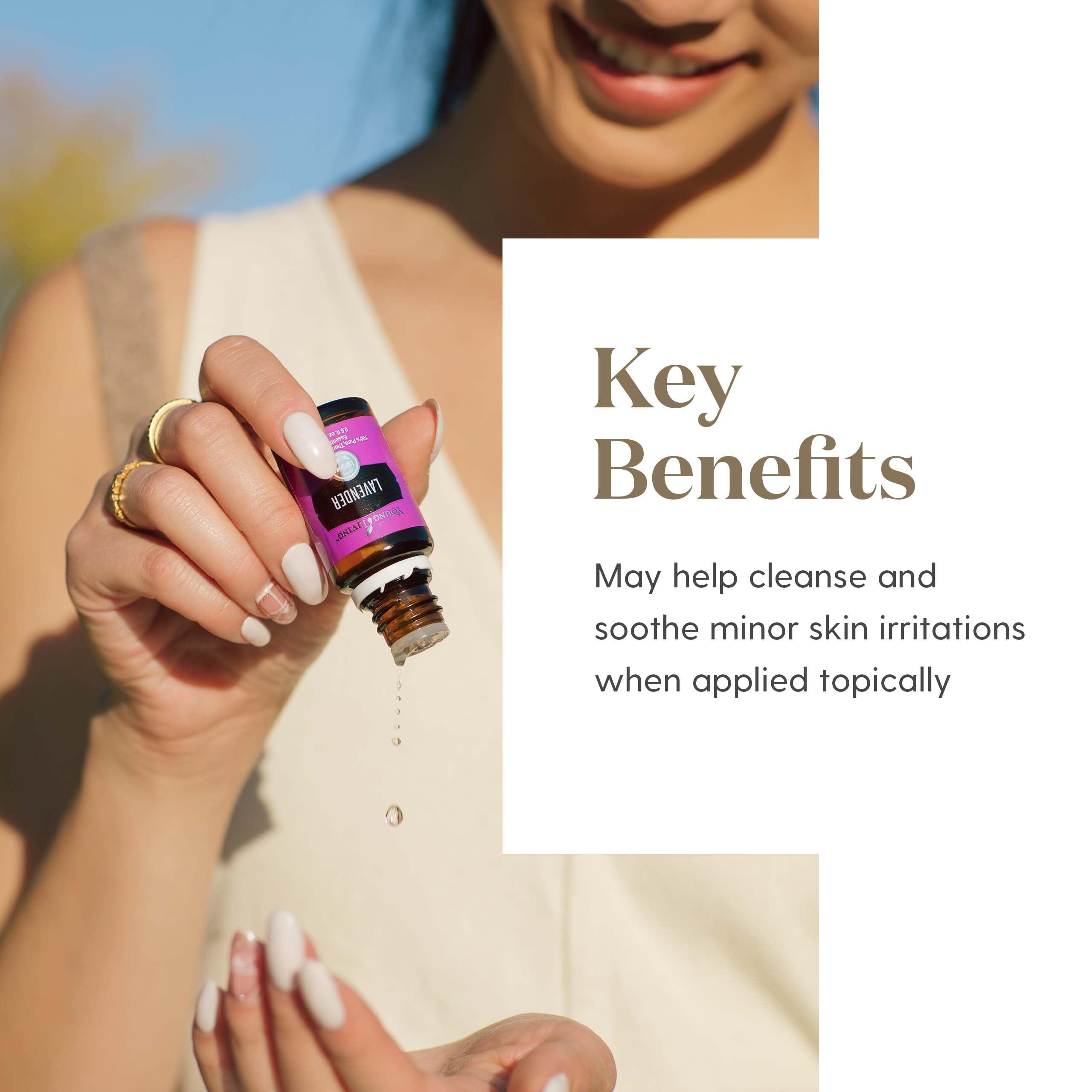 Young Living Lavender essential oil applied topically with a carrier oil for skin.