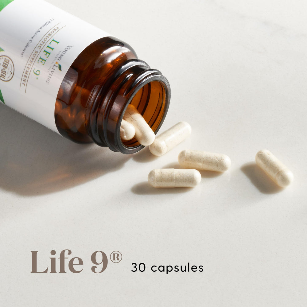 Young Living Life9 capsules close-up highlighting easy daily gut support.