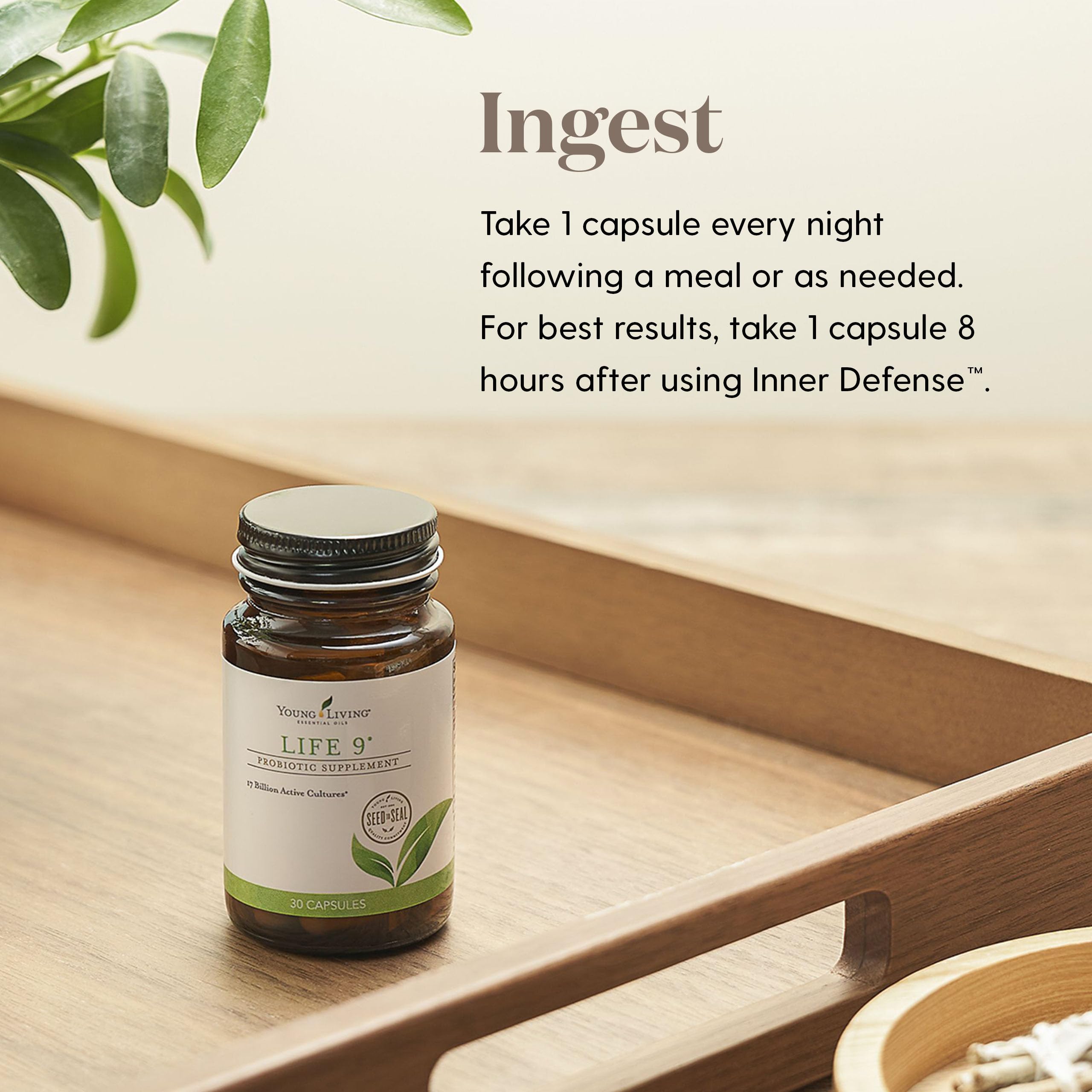 Life9 probiotic label close-up emphasizing shelf-stable formula for travel.