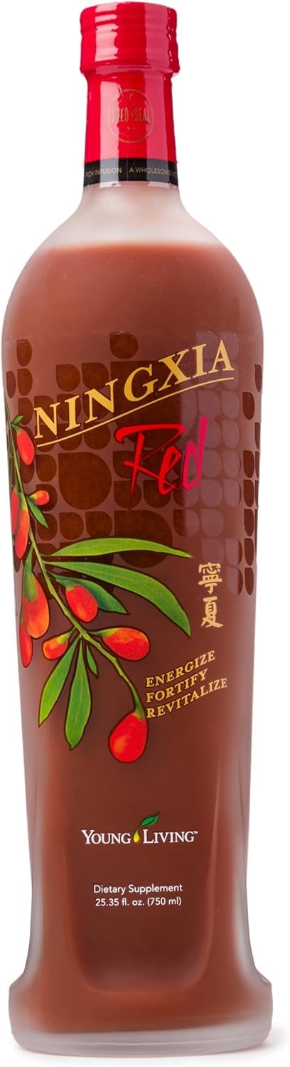 Young Living NingXia Red bottle front showcases antioxidant-rich energy support.
