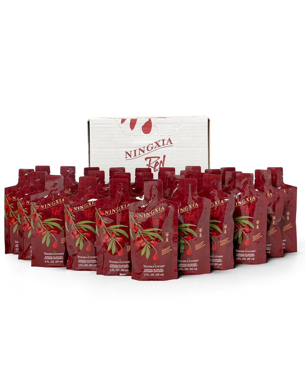 Young Living Ningxia Red bottle front with 30-pack for daily refresh