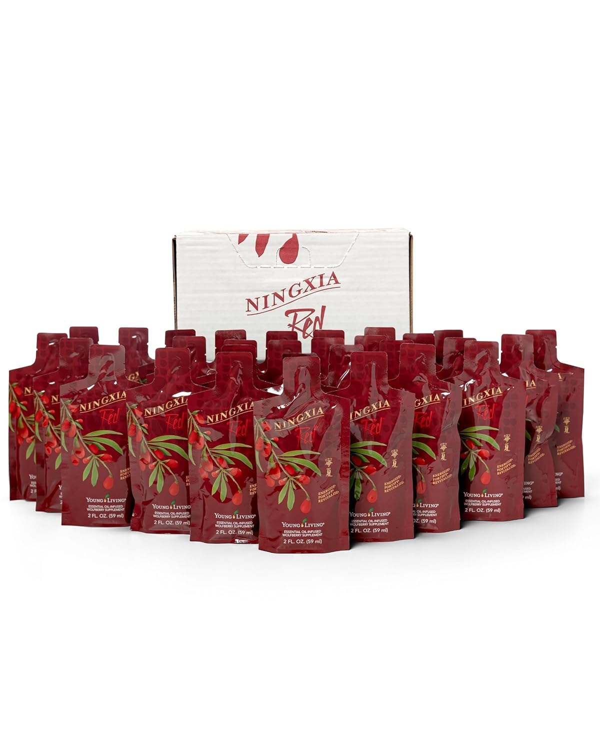 Young Living Ningxia Red bottle front with 30-pack for daily refresh