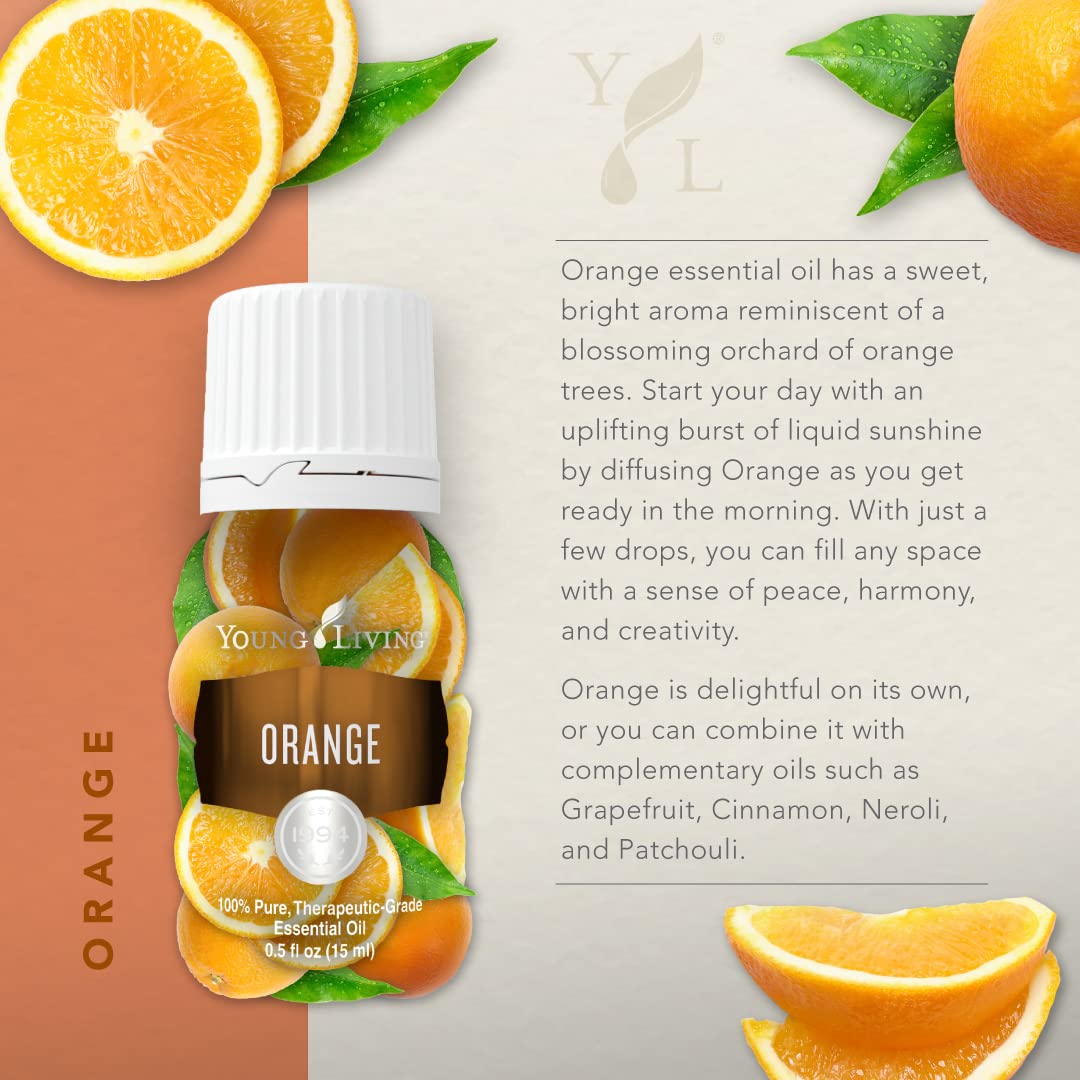 Young Living Orange Essential Oil diffuser scene releasing a refreshing citrus aroma.