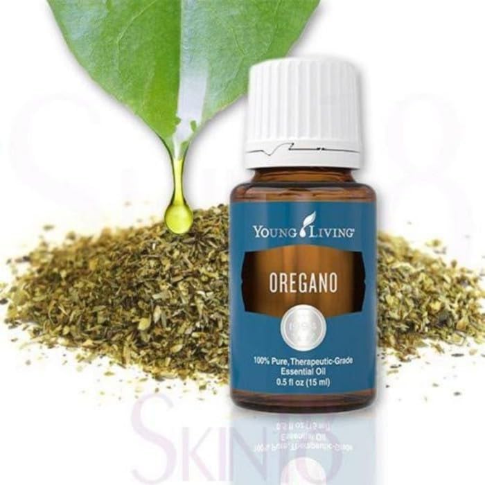 Young Living oregano oil label close-up showing purity and certification.