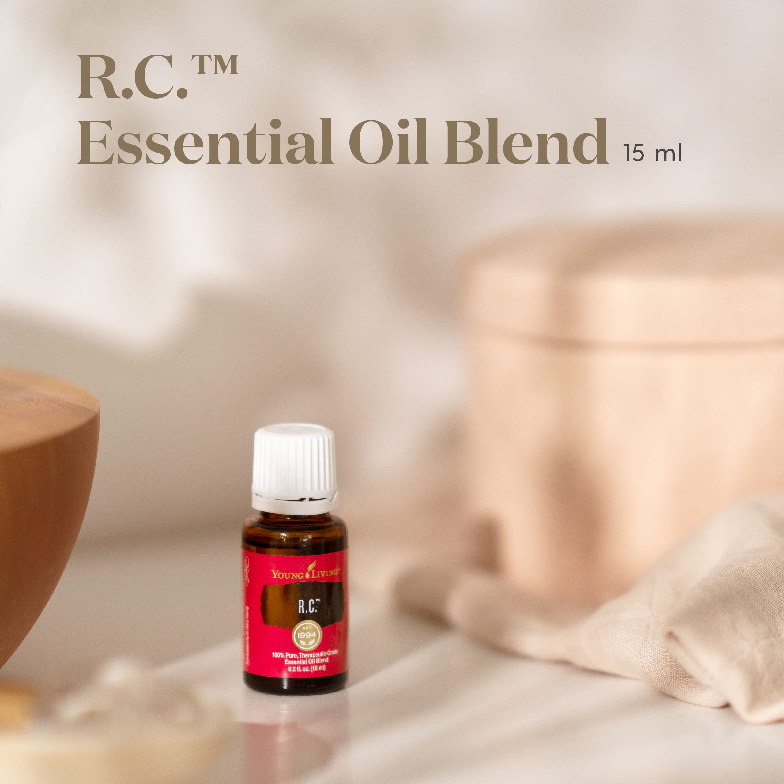 Young Living RC Blend bottle close-up, showcasing pure essential oils.