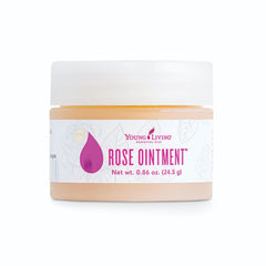 Young Living Rose Ointment bottle highlighting moisturizing rose oil.