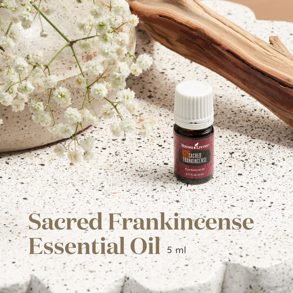 Young Living Sacred Frankincense diffuser scene; creates calm ambiance for meditation and yoga.