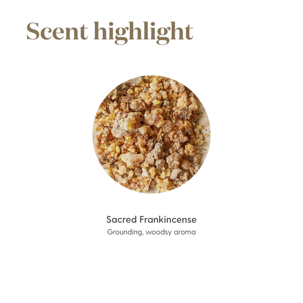 Young Living Sacred Frankincense eco-label; sustainable sourcing signals purity and care.
