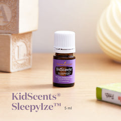 SleepyIze label closeup, premium essential oils quality from Young Living