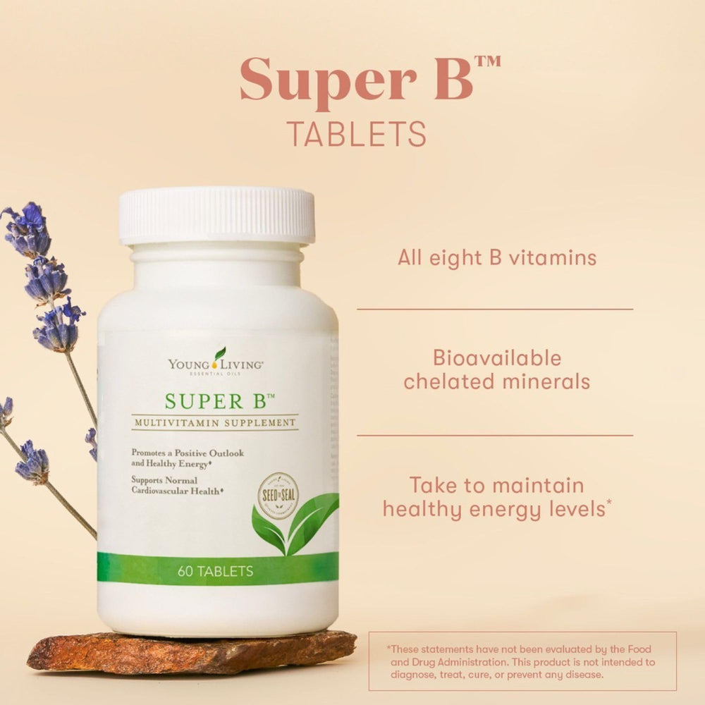 Young Living Super B label and ingredients showcase minerals like magnesium and calcium.