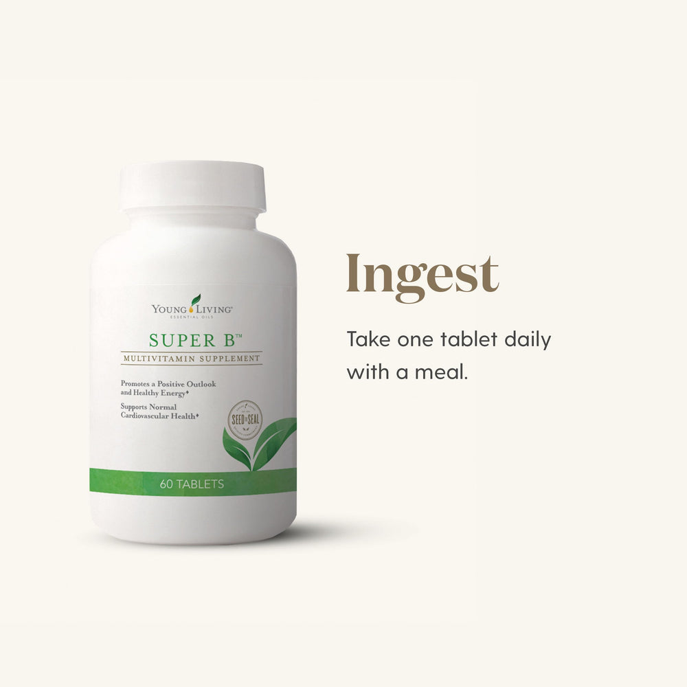 Young Living Super B bottle packaging illustrates daily wellness supplementation.