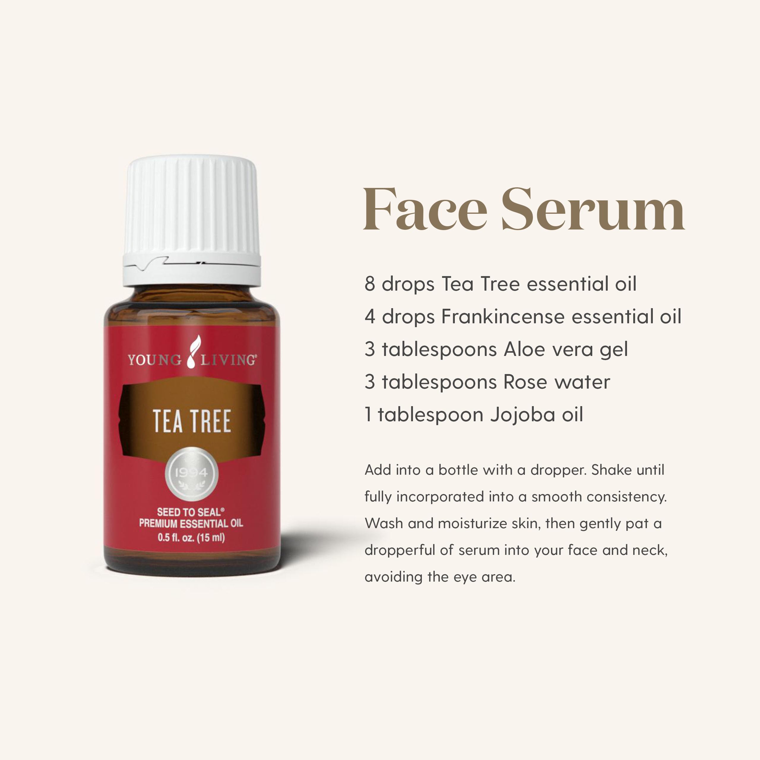 Young Living Tea Tree Oil dropper image suggests easy, precise application for skincare routines.