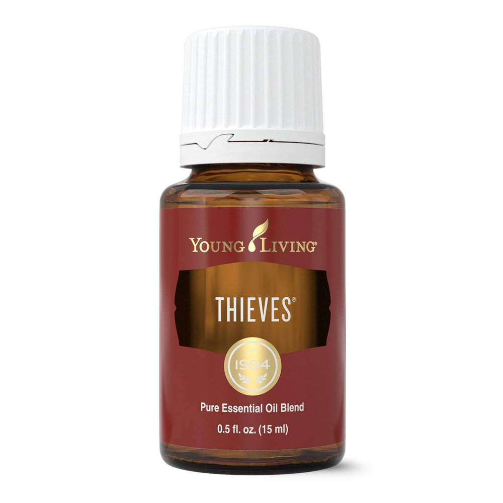 Young Living Thieves bottle close-up for aroma and topical use