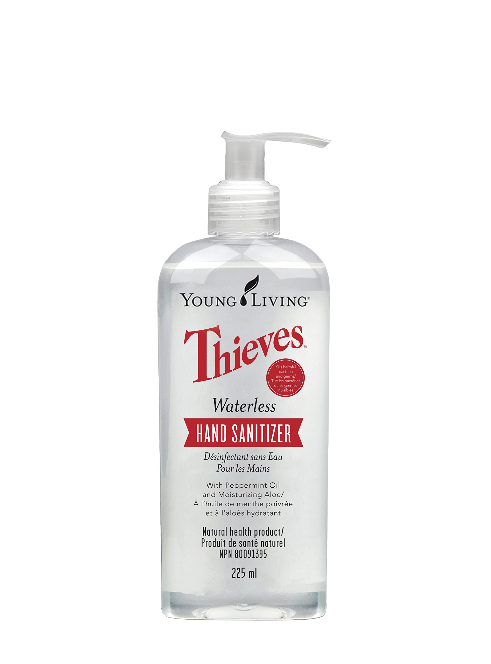 Young Living Thieves hand sanitizer bottle with pump for quick on-the-go cleansing.