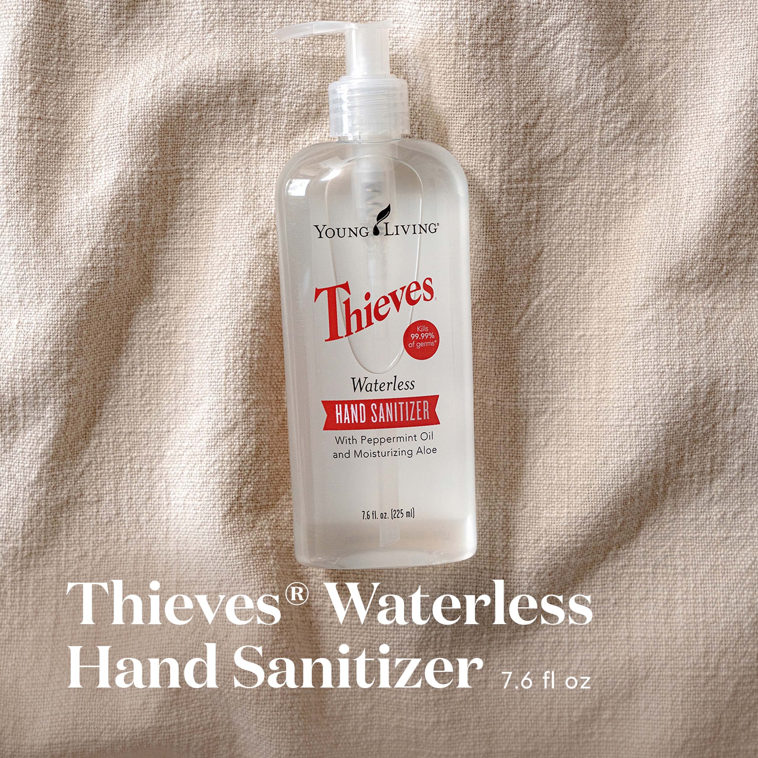 Close-up of the Thieves label on Young Living hand sanitizer showing natural branding.