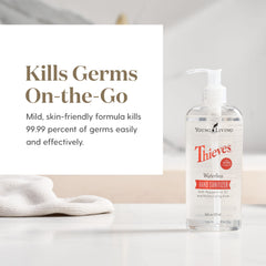 Applying Thieves hand sanitizer to the palm for on-the-go sanitation.