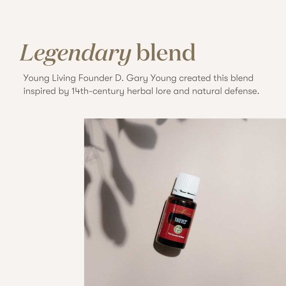 Young Living Thieves label closeup for versatile scents.
