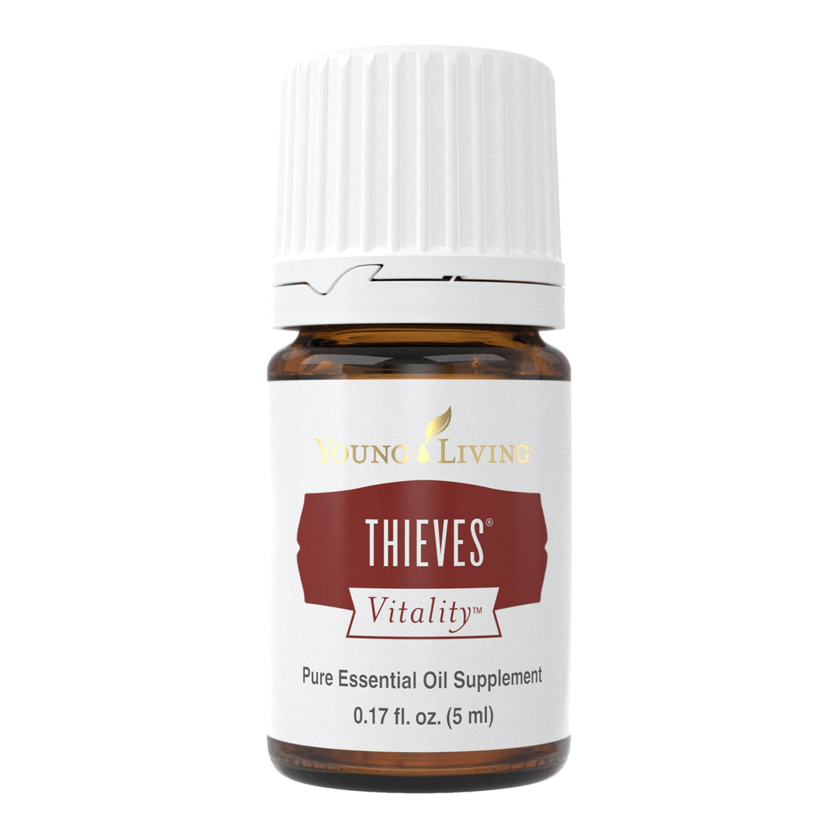 Young Living Thieves Vitality bottle closeup for a pure aroma ready to diffuse or blend