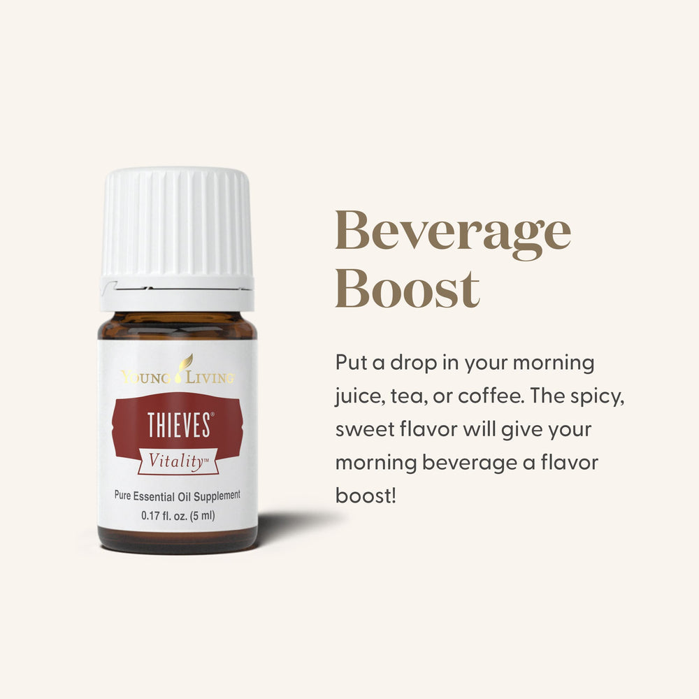 Young Living Thieves Vitality label detail highlights premium botanicals and certifications